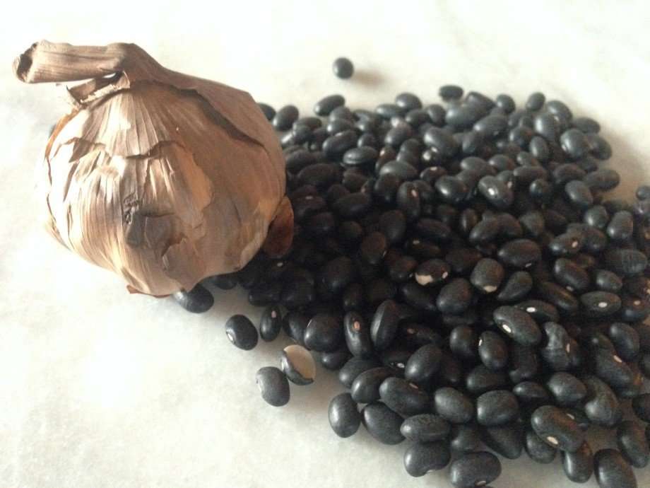 Black beans, black garlic and avocado salad