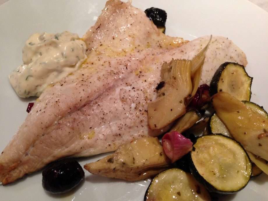 Sea bream, courgette and artichoke bake with pink peppercorn and dill mayonnaise