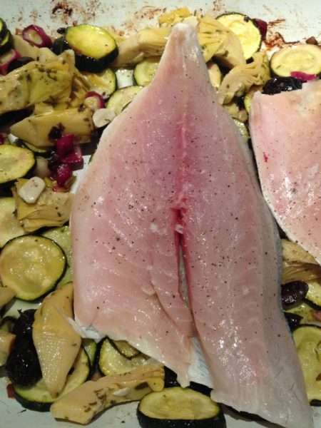 Sea bream, courgette and artichoke bake with pink peppercorn and dill mayonnaise