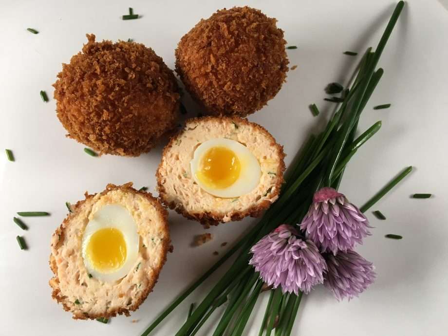 Smoked salmon scotch quail eggs