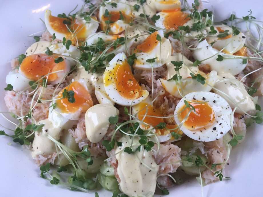 Crab and soft-boiled egg salad