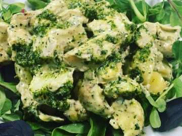 Warm pesto and potato salad with charred artichokes