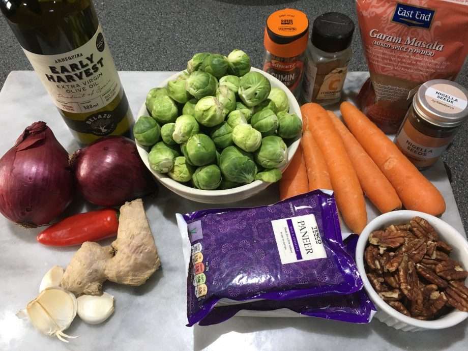 Spiced Paneer with Roasted Brussels Sprouts, Carrots and Red Onions