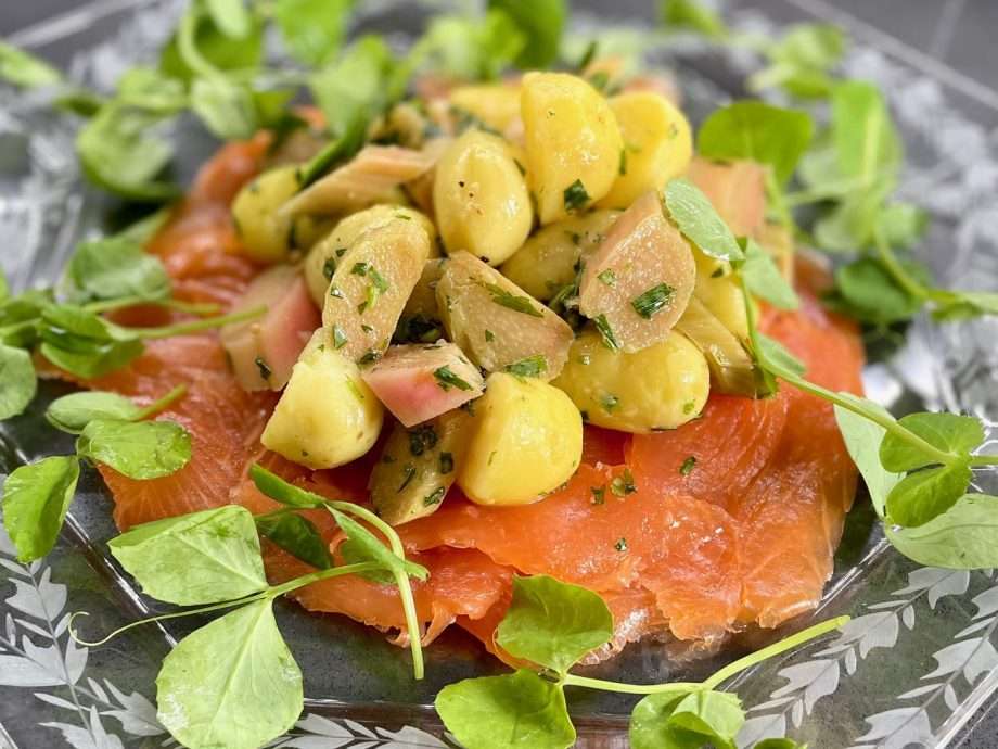Pickled Rhubarb Salad with New Potatoes, Tarragon and Smoked Trout